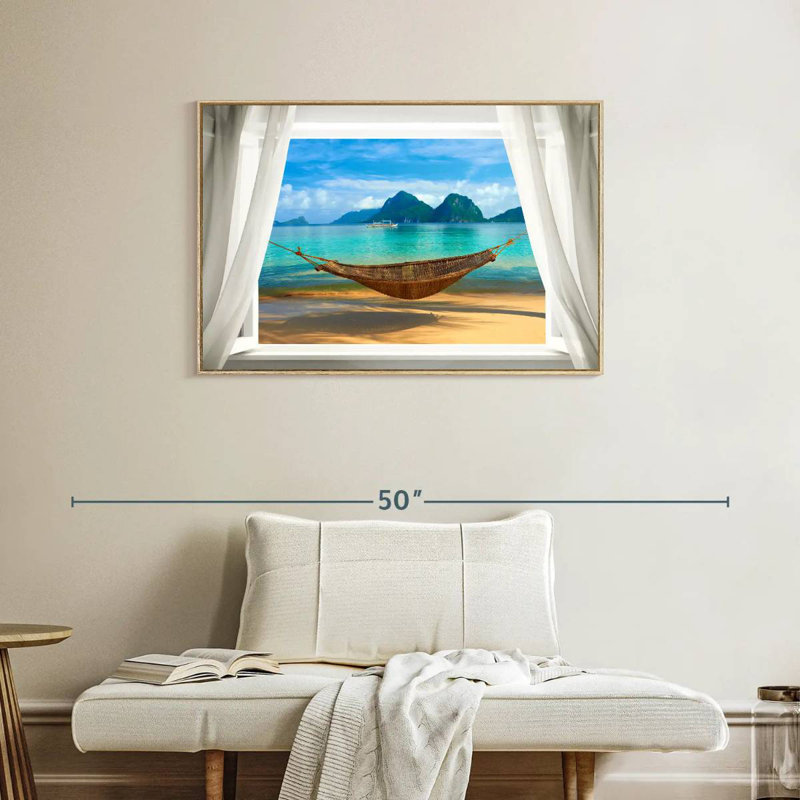 Fenêtre sur hamac Cameley, Cadre flottant en bois naturel, 37 po x 25 po