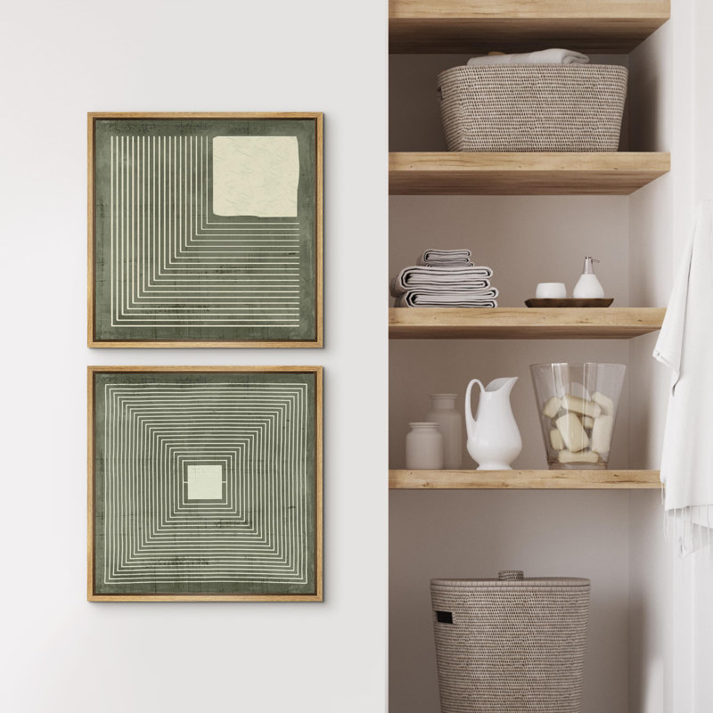 Lignes géométriques et illustrations carrées en vert organique moderne, art minimaliste, détente / calme - ensemble de 2 reproductions sur toile flottante