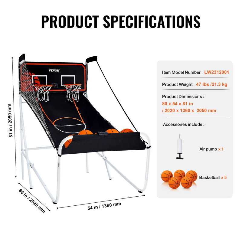 Foldable Black and White Indoor Basketball Arcade Game with Electronic Scoreboard