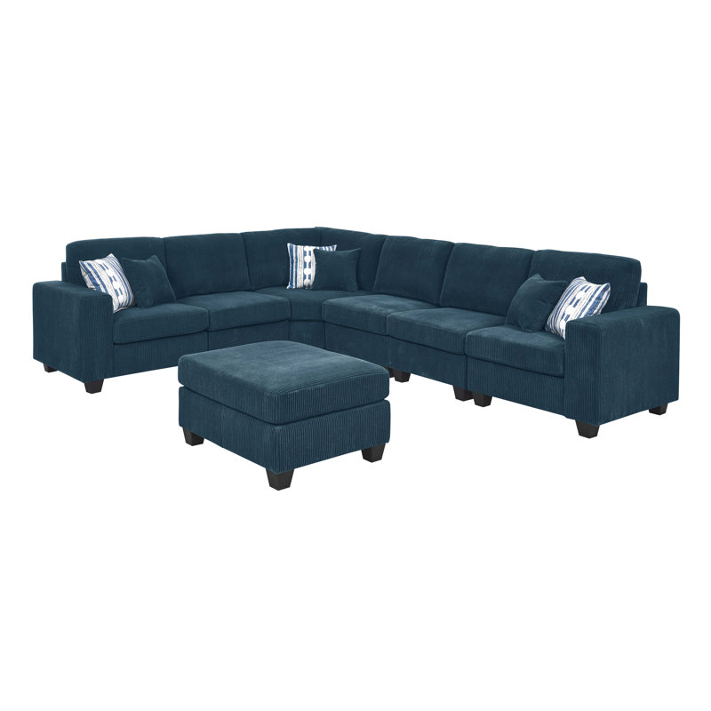 Erstonia Sectional With Ottoman, Dark Blue Corduroy