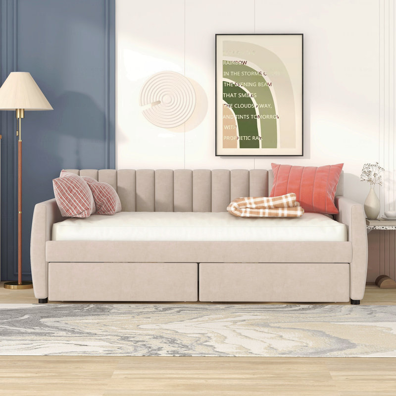Lit de jour simple tapissier avec tiroirs, support en lattes de bois, Beige