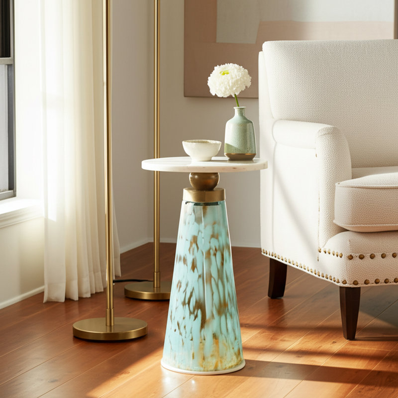 Glass and Wood Accent Table with Tapered Base and Modern Design.