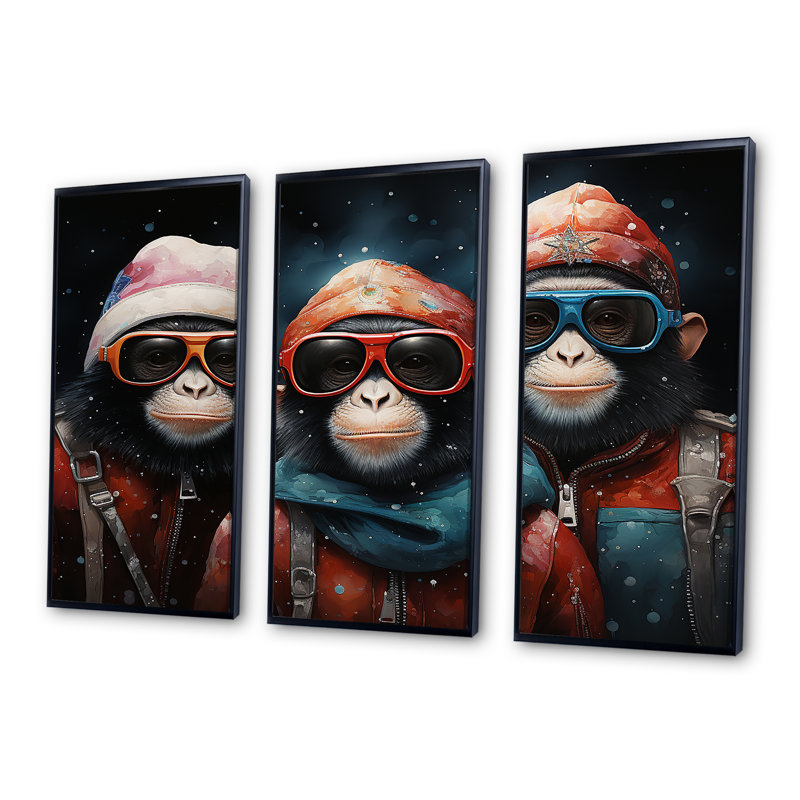 Pop Art Monkeys At The North Pole - Art mural singe, 28" H x 36" W, Cadre flottant noir