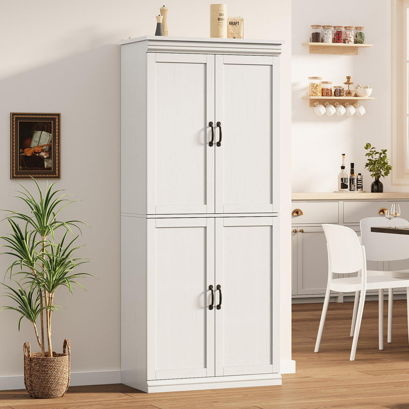 Armoire de cuisine de 70 pouces de hauteur avec portes et tablettes réglables en blanc antique - unité de rangement autoportante pour salle de bain, salle à manger ou salon