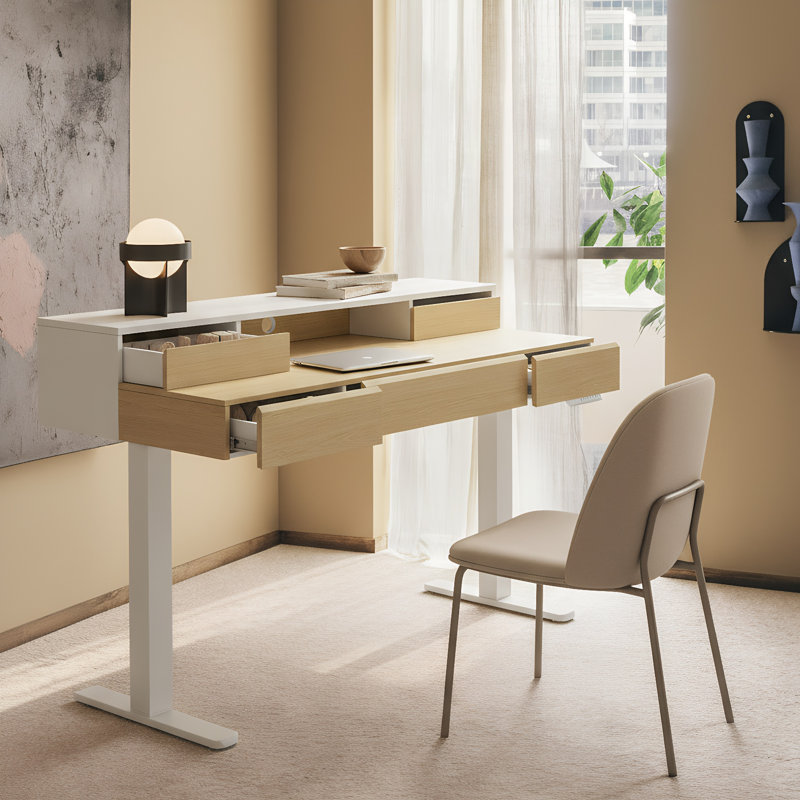 Bureau debout électrique réglable, bureau d'ordinateur avec 5 tiroirs et support pour écran, Beige / Blanc