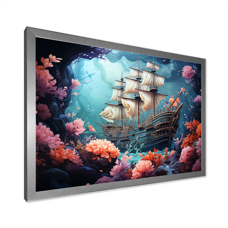 «Pirate Boat Under Water Memory» sur toile, H 16 po x l 32 po x P 1 po, Cadre photo argenté
