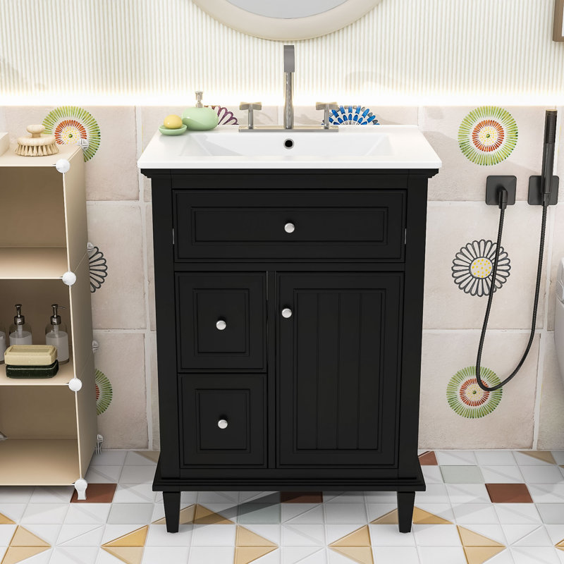 Meuble-lavabo simple contemporain en bois avec lavabo en céramique, tablette réglable et tiroirs de rangement, Noir