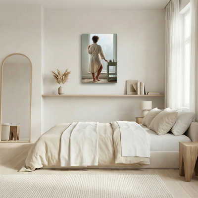 Woman in Cream Robe Standing by Window Canvas Wall Art