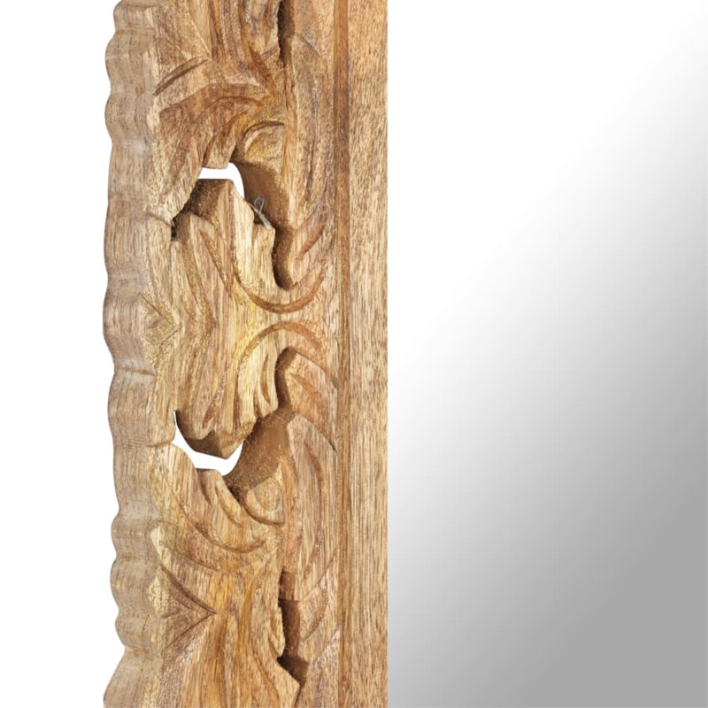 Decorative Mirror Wall Bathroom Mirror Solid Mango Wood Hand Carved, 43.3" x 19.7" x 1", Brown