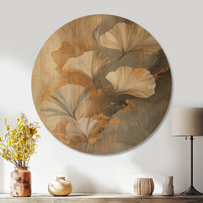 Gilded Ginkgo Leaves - White Foliage Round Wood Wall Art Print