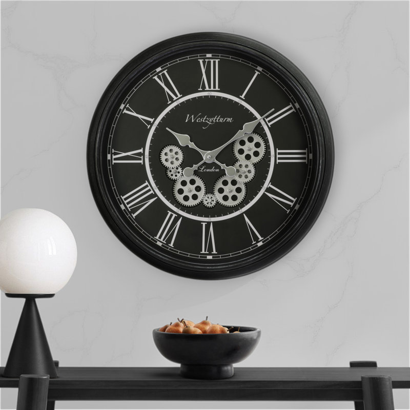 Clocks, 23" Round, Gear Mechanism, Wall Clock, Black, Transitional