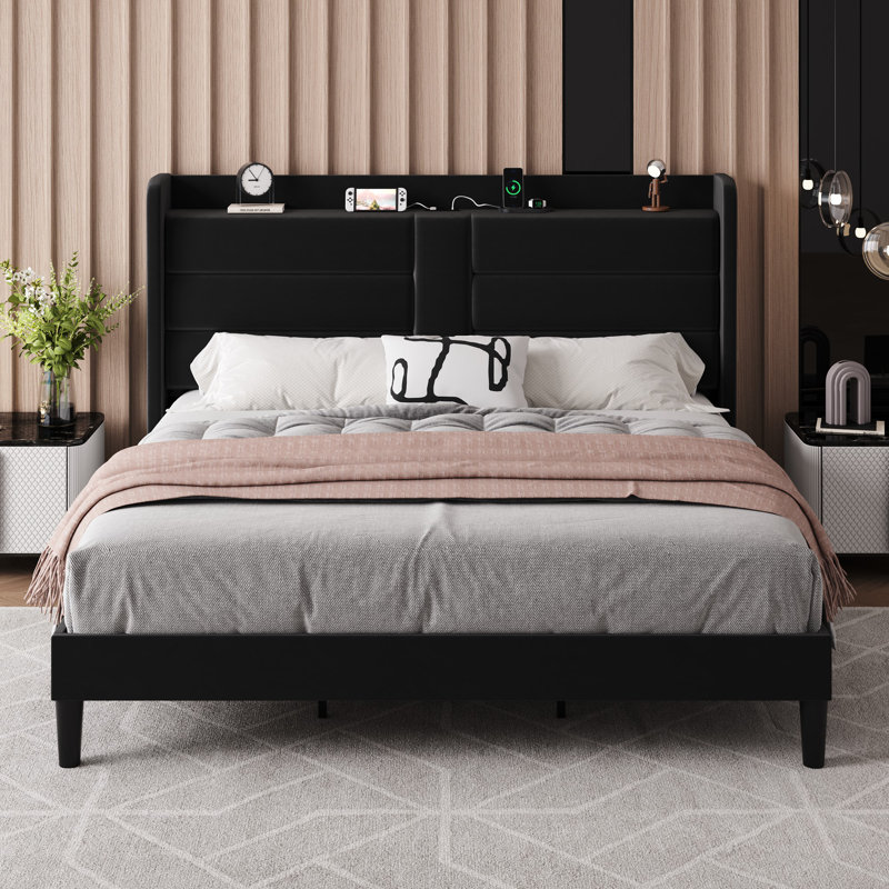 Velvet Upholstered Wingback Storage Bed With Built-In Type-C & AC Charging Station, Black, Queen