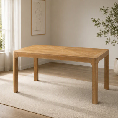 Rectangular Dining Table with Parquet-Style Top, Rounded Corners, Curved Leg Details and Adjustable Feet (Natural)