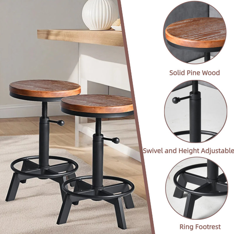 SET OF 3,Bar Table (30.31"-35.43") & 2 Counter Stools (17.7-24.4") Set For Pub Kitchen(Desktop Dia23.6”)