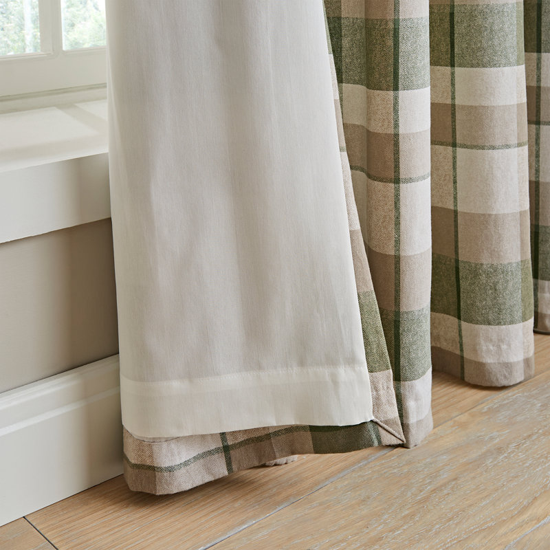 Brushed Cotton Thermal Check Lined Eyelet Curtains, Green, 117 W x 137 D cm