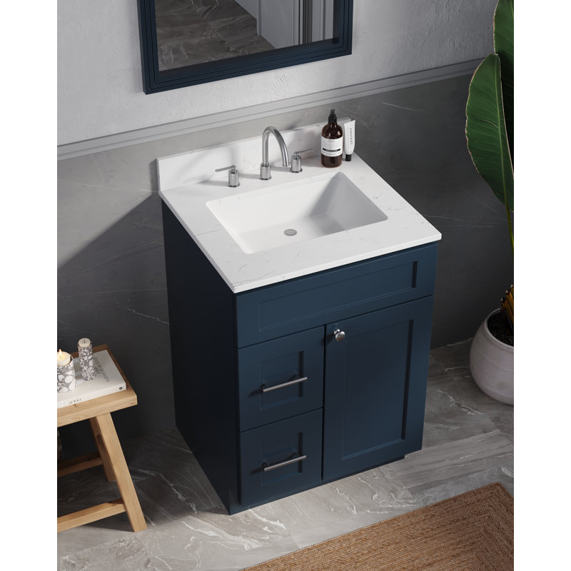 24'' Single Bathroom Vanity Solid Wood With Carrara Quartz Top, Blue