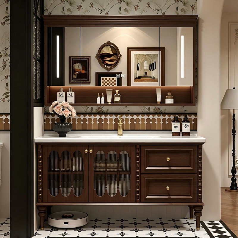 Meuble-lavabo sur pied en bois d'hévéa vert de 100 cm avec armoire à miroir, H 32,68 po x l 47,64 po x P 19,69 po