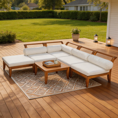 Ensemble de canapé de patio 6 pièces, mobilier de jardin modulaire en bois d'acacia avec configuration de salon en L convertible en mode méridienne, complet avec table basse, repose-pieds et 5 coussins et coussins décoratifs, finition teck avec coussins beiges