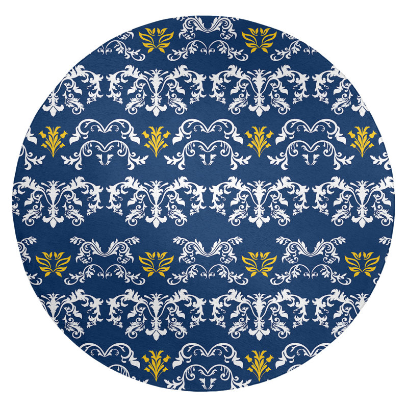 Tapis rond bleu damassé à motif baroque