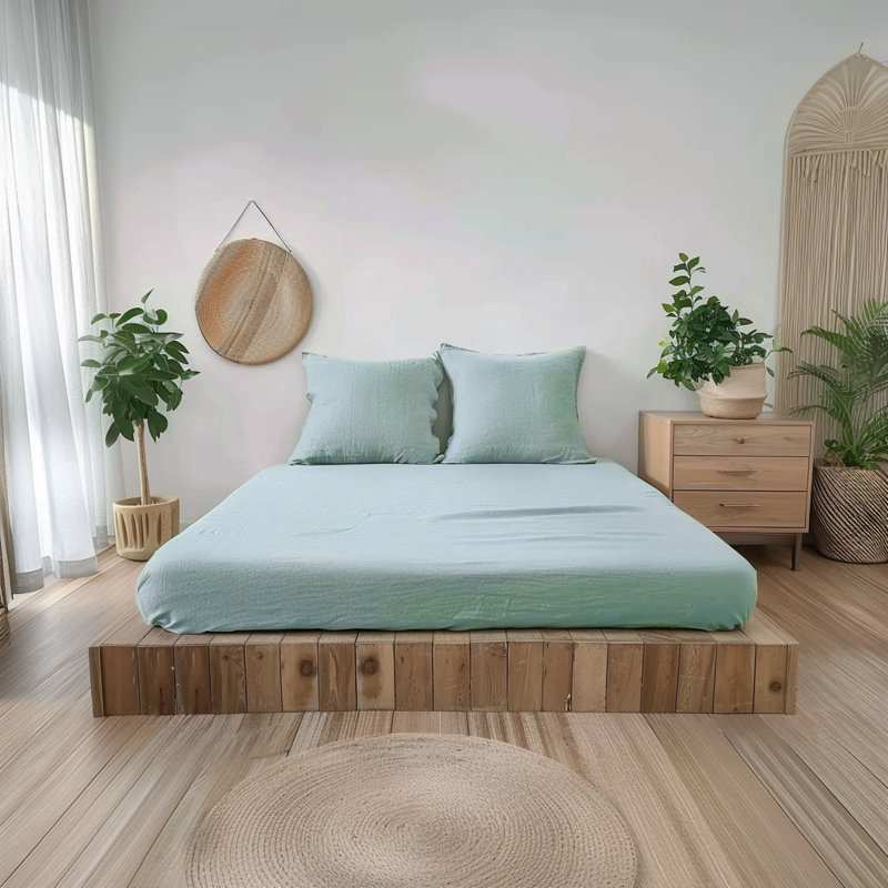 100% French Linen Fitted Sheet with Pillowcases 3 Pieces Set (Multiple Sizes & Colours), Mint