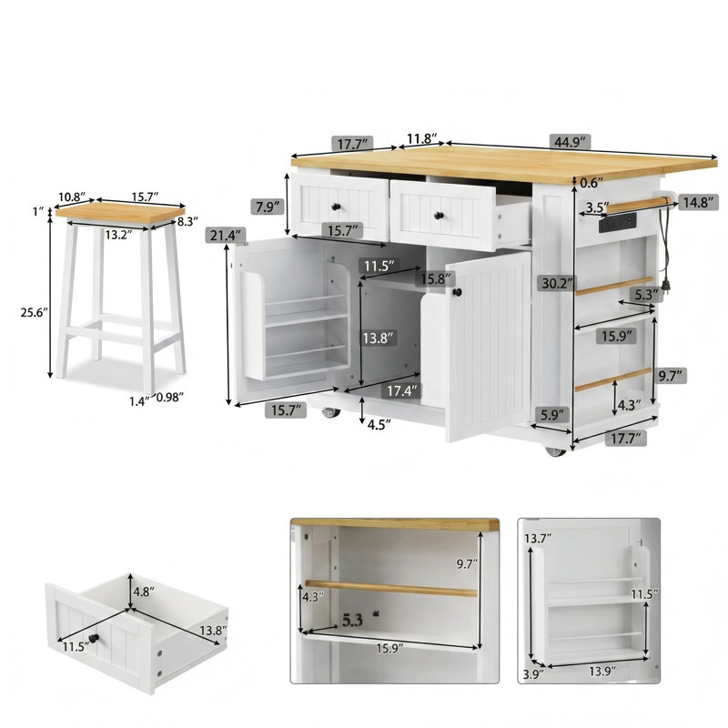 Îlot de cuisine de 48 pouces avec 2 tabourets de bar, prise de courant intégrée, support de rangement pour porte interne, 5 roulettes, plateau rabattable, 5 tablettes latérales exposées et 2 tiroirs - fini blanc, ensemble de trois boîtes
