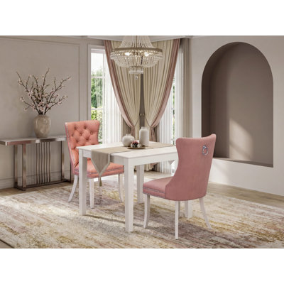 3 Piece Dining Room Table Set Includes a Square Kitchen Table and 2 Upholstered Parson Chairs, linen white