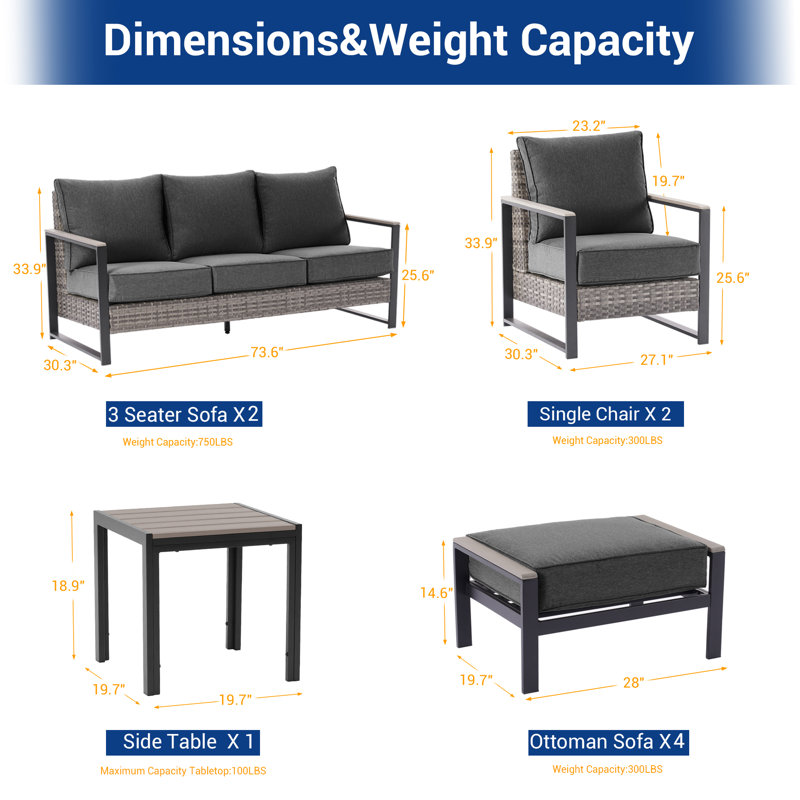 Ensemble de canapé de patio 9 pièces avec table d'appoint et chaise, osier en rotin de polyéthylène pour terrasse, terrasse et cour