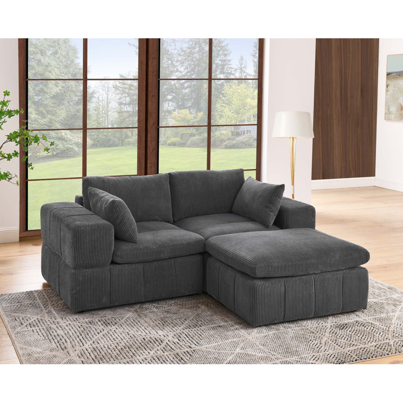 Andrielle 79'' Wide Corduroy Modular Sofa & Chaise with Ottoman, Dark Gray Corduroy, Right-Hand Facing