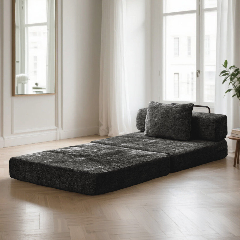 Chaise-lit futon moderne pliable en chenille avec coussin, Noir
