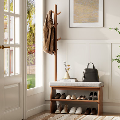 Addisin Adryell Solid Wood Entryway Shoe Bench with Coat Rack, Cushioned Seat & Double Shoe Storage Shelves