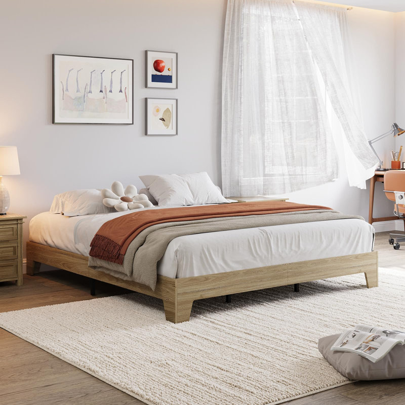Structure de lit plateforme en bois, support de lattes en bois, aucun sommier requis, assemblage facile, conception silencieuse, espace de rangement sous le lit