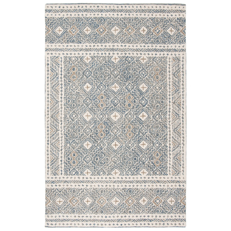 Tapis en laine / coton touffeté à la main Devoe - ivoire / bleu, Rectangle 2 pi 6 po x 4 pi