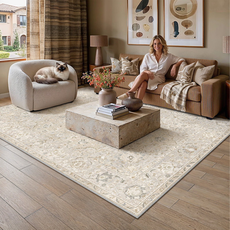 Tapis persan rétro Velora avec lavable à la machine et antidérapant, Ivory, Rectangle 5'x 7'