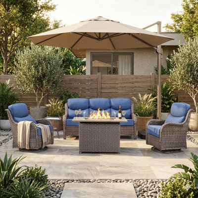 Heritage 5-Piece Outdoor Wicker Patio Conversation Set With Rectangle Fire Pit, Swivel Gliders And 3-Seat Sofa With 6" Thick Cushions