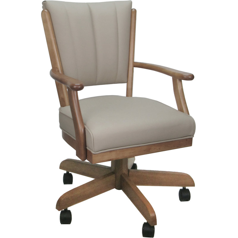 Fauteuil à roulettes en cuir et bois massif, Bois naturel, Beige