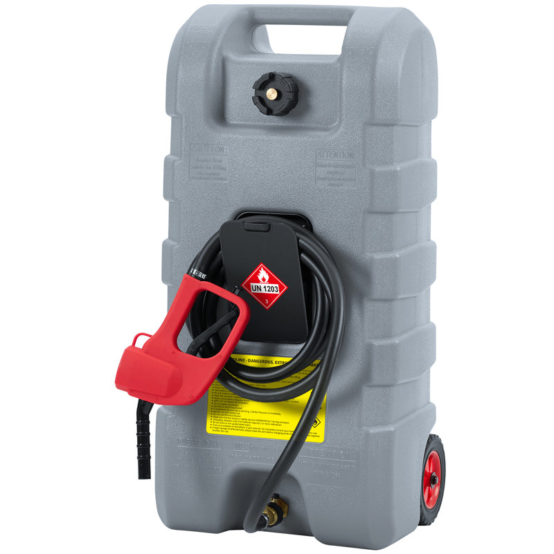 15 Gallon Portable Gas Caddy with Manual Siphon Pump & 10FT Delivery Hose – Heavy-Duty Fuel Transfer Tank – Leak-Proof, On Wheels, for Cars, Lawn Mowers, Boats, ATVs – Grey