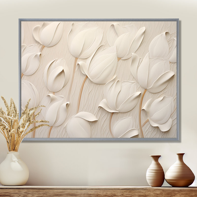 Minimalisme, tulipes blanches symphonie - tulipes, art mural, Reproduction avec cadre flottant, H 30 po x l 40 po