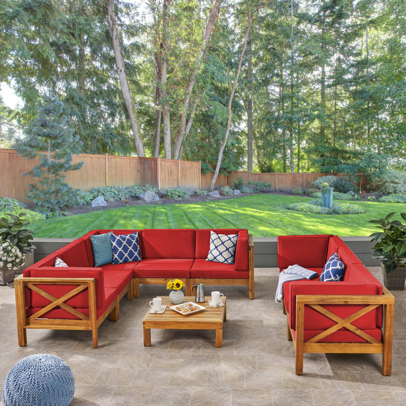 Ensemble de conversation modulaire 9 pièces Carlton, Structure en teck / coussin rouge