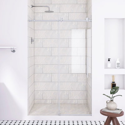 44-48 "W X 76" H Frameless Sliding Shower Door In Brushed Nickel ｜ 1/4 "(6 Mm)  Tempered Glass｜Elevated Bottom Water Blocking Strip｜Explosion Proof Film｜ Stainless Steel Handle