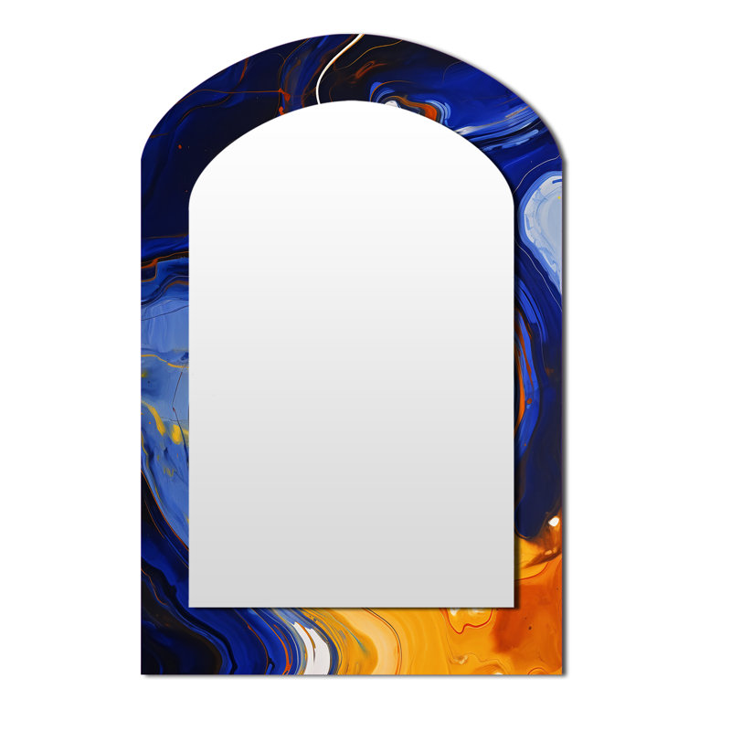 Yellow and blue liquid ink river I - Liquid Ink Asymmetrical Decorative Wall Mirror, Yellow Arch Large Mirror, Printed Metal Art