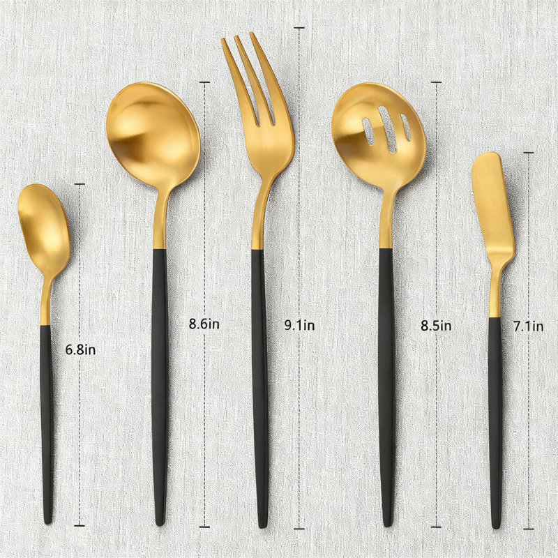Ensemble 5 pièces de service d'hôtesse ronde en or noir mat, ustensiles de couverts en acier inoxydable avec finition satinée, cuillère de service lavable au lave-vaisselle, fourchette, couteau à beurre et cuillère à sucre