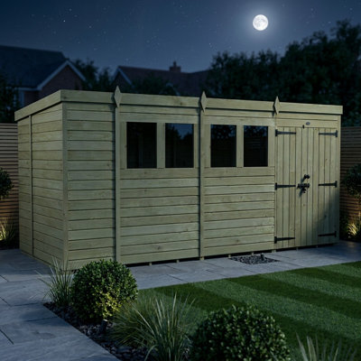 Total Sheds 14ft x 6ft Pent Garden Shed - Double Door - With Windows - Pressure Treated Timber - UK Manufactured
