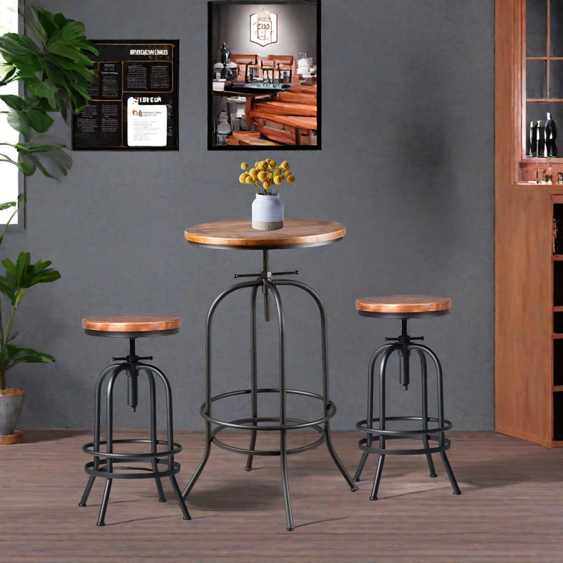 SET OF 3,Bar Table & Chair Sets For Pub Kitchen Dining Bistro Breakfast,Weld Metal Legs,Round Wood Top,Rustic Brown Industrial Black,37.4"-45.3"H Adjustable Swivel Table,26" -32.3"H Adjustable Swivel Industrial Bar Stool