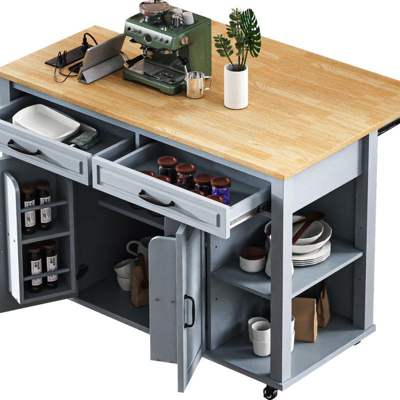 Îlot de cuisine avec table de salle à manger extensible, Bleu