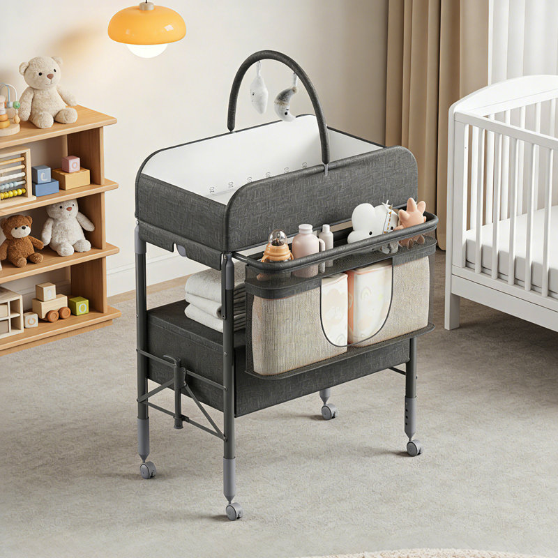 Table à langer pliable réglable en hauteur avec roulettes et tiroirs de rangement, Gray
