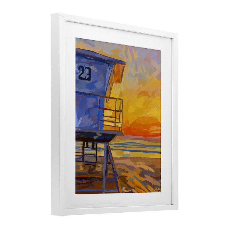 «Lifeguard Stand Sunset», reproduction encadrée sous verre, design par Amelia Noyes, H 21 po x l 17 po, Cadre blanc côtier