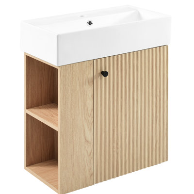 Meuble-lavabo flottant mural de 21,6 po, lavabo en céramique, porte Wave, poignée or rose, fermeture en douceur, rangement latéral, trou unique, peu encombrant pour les petits meubles de salle de bain