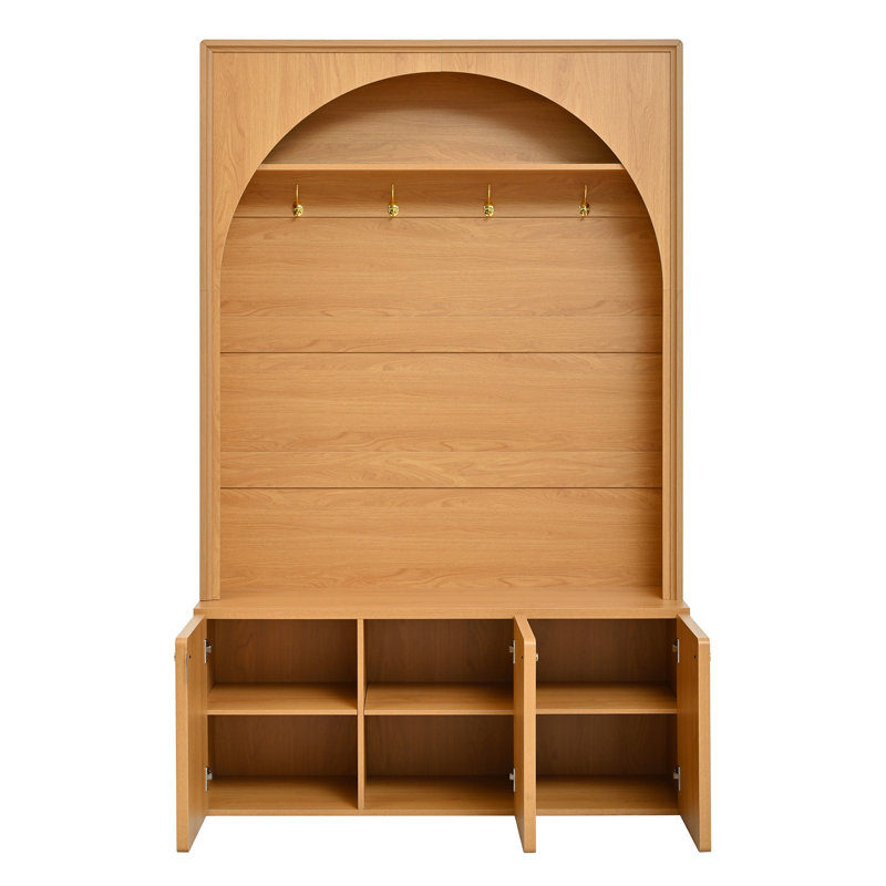 ON-TREND Farmhouse All-in-One Hall Tree with Adjustable Shelves, Retro Arched Entryway Storage Bench with 3 Cabinets, Wooden Coat Rack Organizer with 4 Golden Hooks for Mudroom, Hallway, Natural/Teak