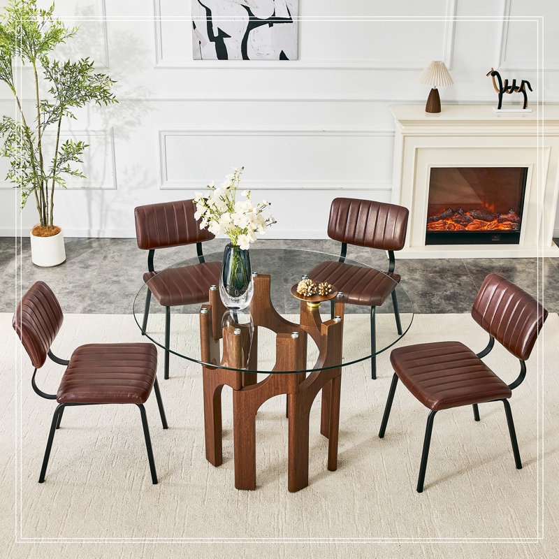 Ensemble Karoline 5 pièces avec table à manger ronde en verre et 4 chaises rembourrées, Brun