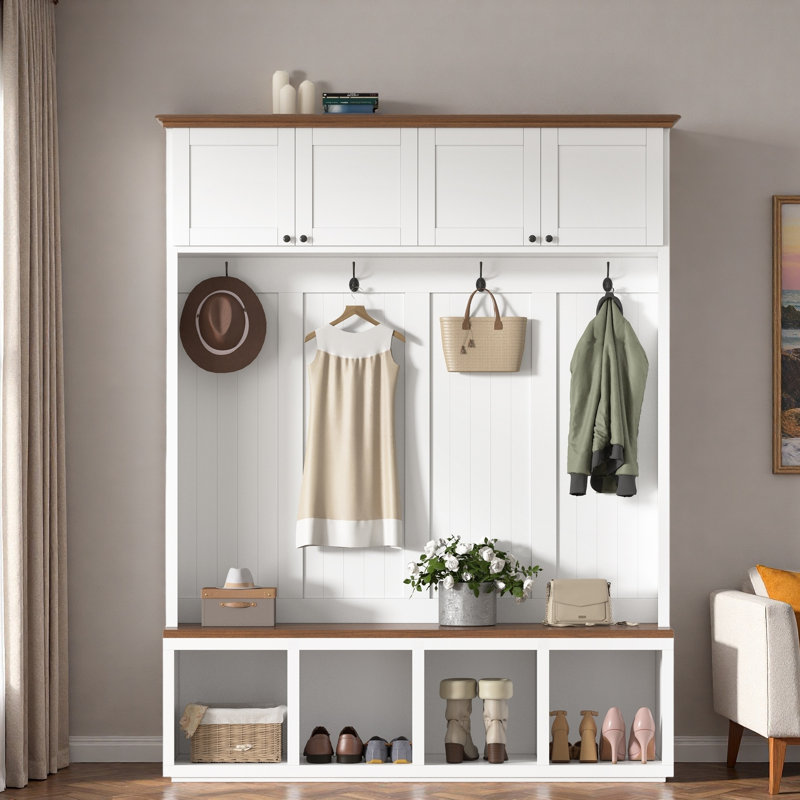 Farmhouse Hall Tree With Bench, 4 Cabinets, 4 Open Compartments And Coat Racks, White